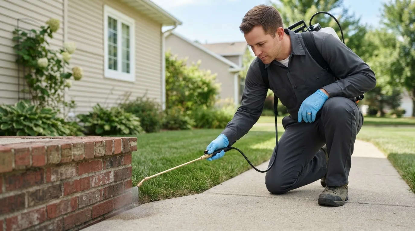 Pest control technician treating a home near Woolford, MD
